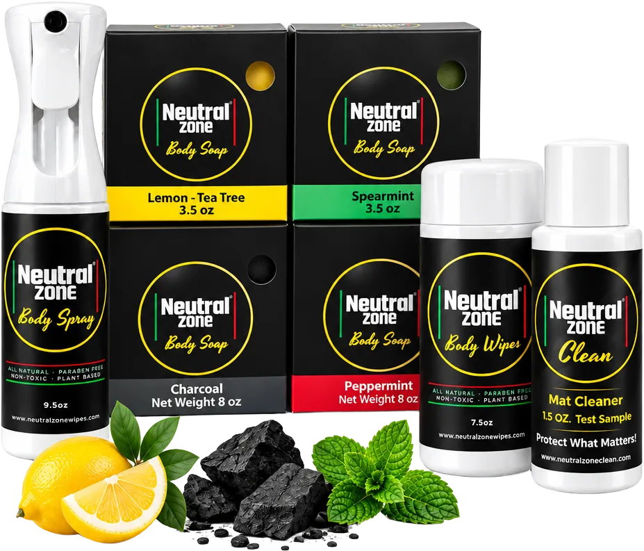 The complete Neutral Zone bundle: body spray, four body soaps, body wipes and mat cleaner
