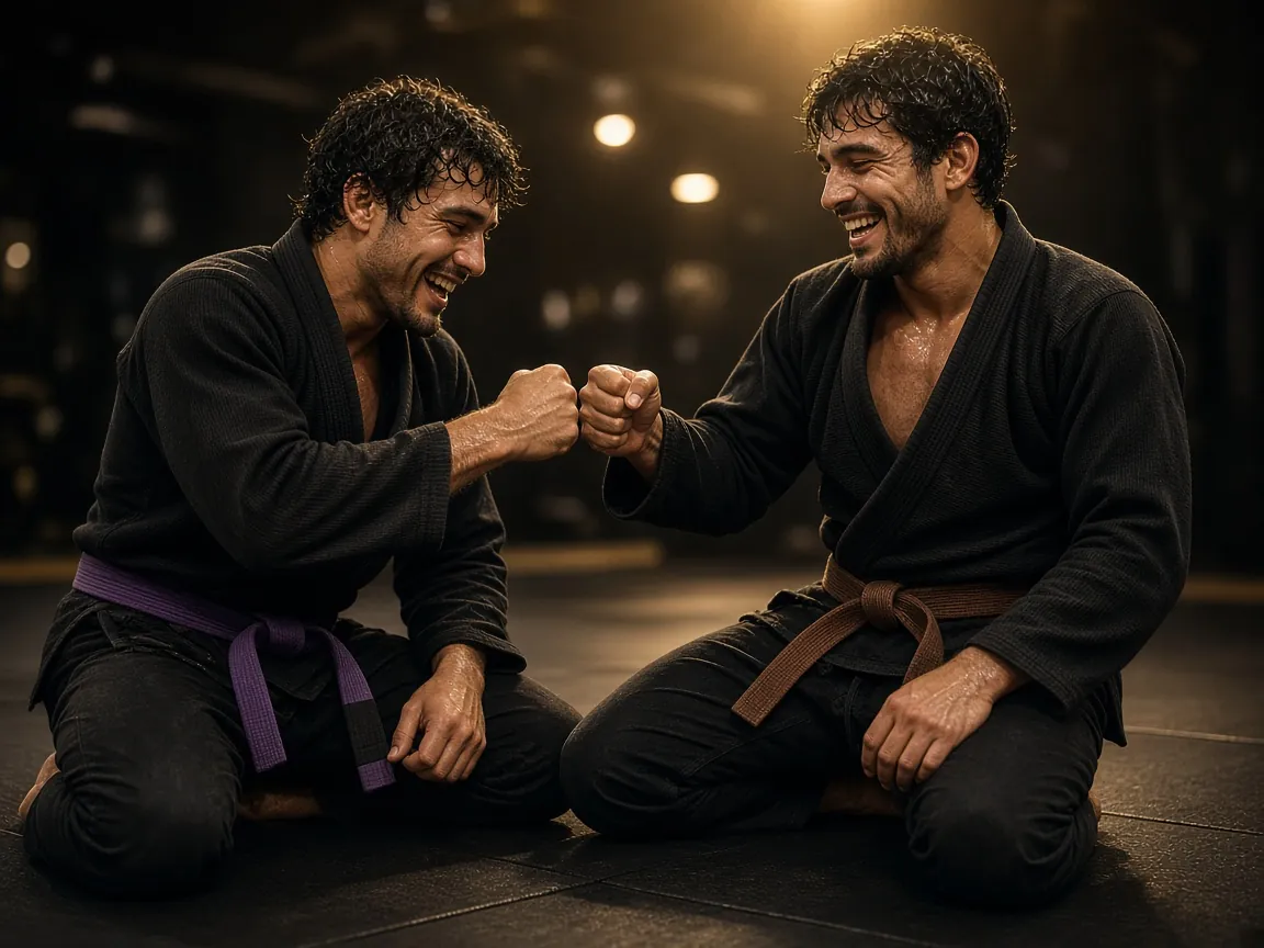 Two training partners fist-bumping on a clean mat
