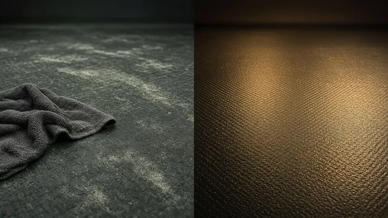 A dirty gym mat next to a clean one