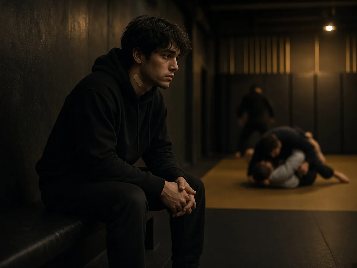 A grappler sitting on the bench while his class trains