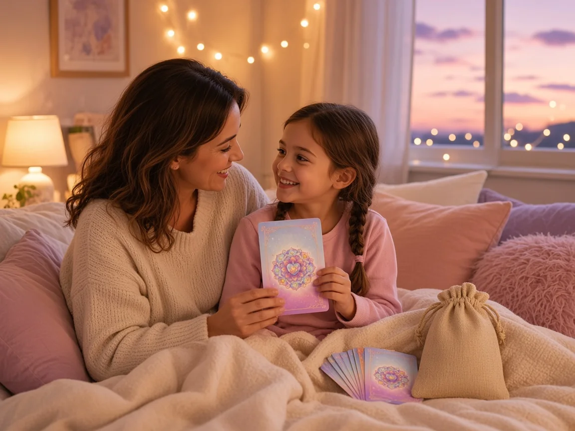 Una mamá y su hija leyendo una carta en la cama antes de dormir