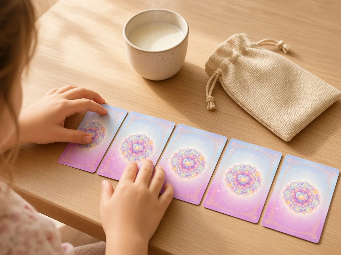 Las manos de una niña eligiendo una carta boca abajo