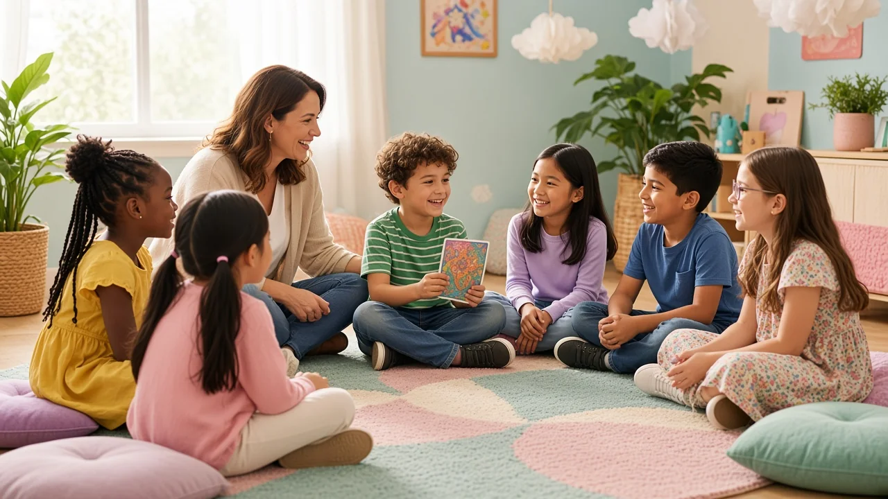Niños en círculo compartiendo una carta con su maestra